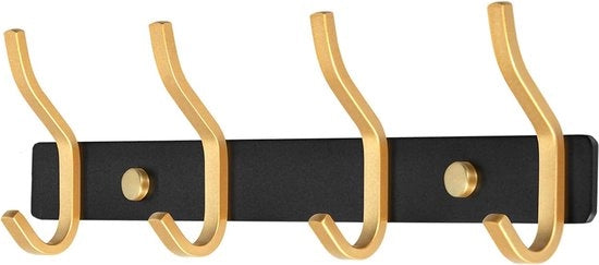 Hanger per abbigliamento in acciaio inossidabile, lista di appendiabiti, appendiabiti per parete con 4 ganci, lista per abbigliamento, armadio per parete per camera da letto, bagno, cucina (nero e oro, 4 ganci)