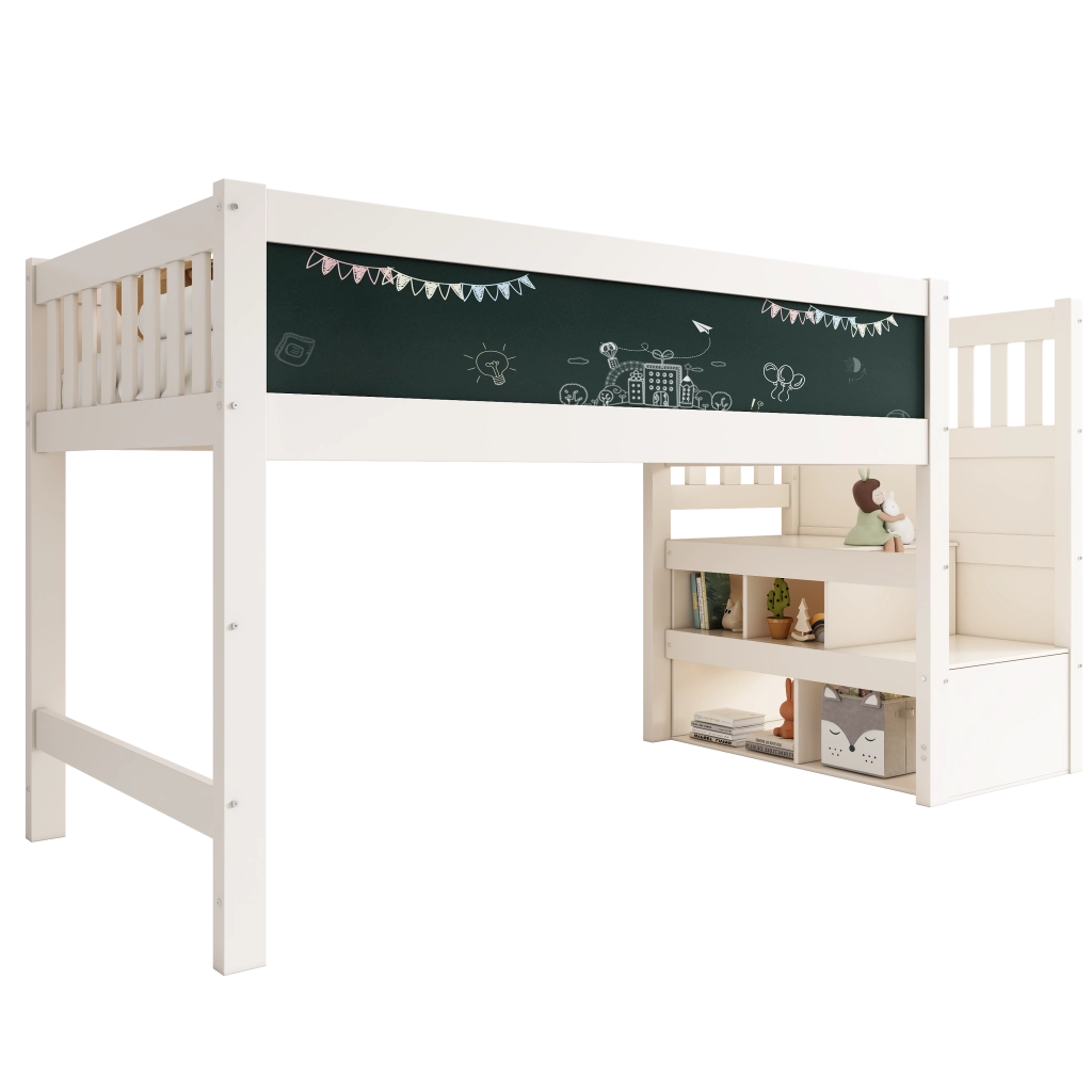 Letto soppalco per studio; 90x200cm; lavagna bianca; lavagna; ringhiera di sicurezza; bianco