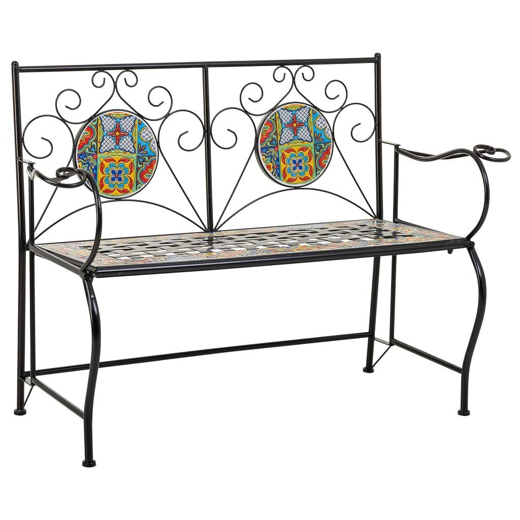 Sgabello in mosaico nero e ferro battuto 110x50x88h