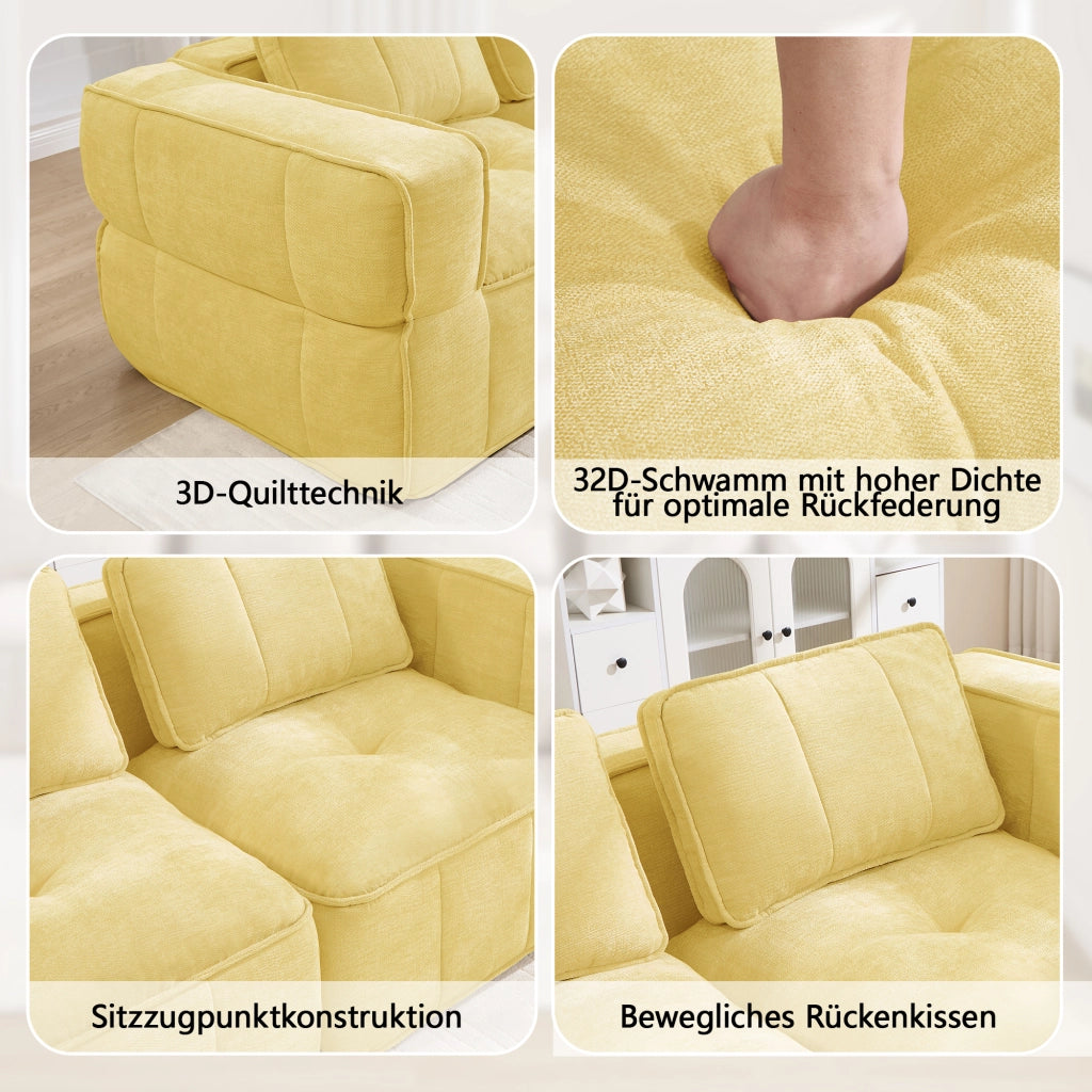 Divano angolare modulare a 2 posti senza struttura con pouf e seduta profonda in poliestere giallo 198 × 162 × 67 cm