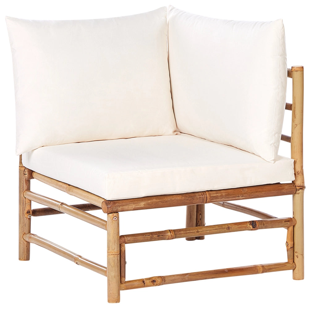 Set angolare da giardino modulare a 5 posti con divano e tavolino in bambù naturale e cuscini bianco crema esterno elegante