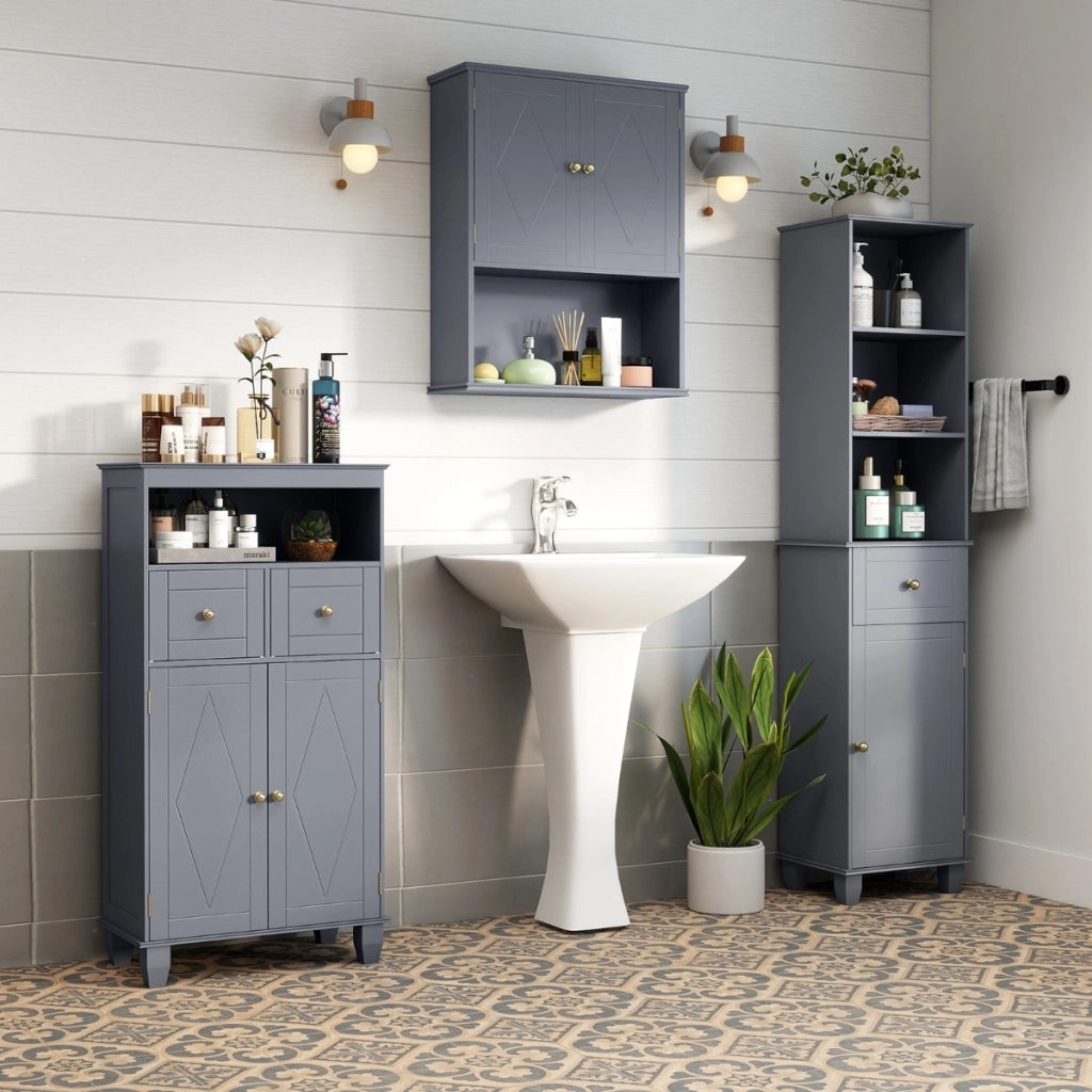 Mobile da pavimento organizzatore autoportante con ante-Armadietto contenitore cassetti in legno massiccio Grigio