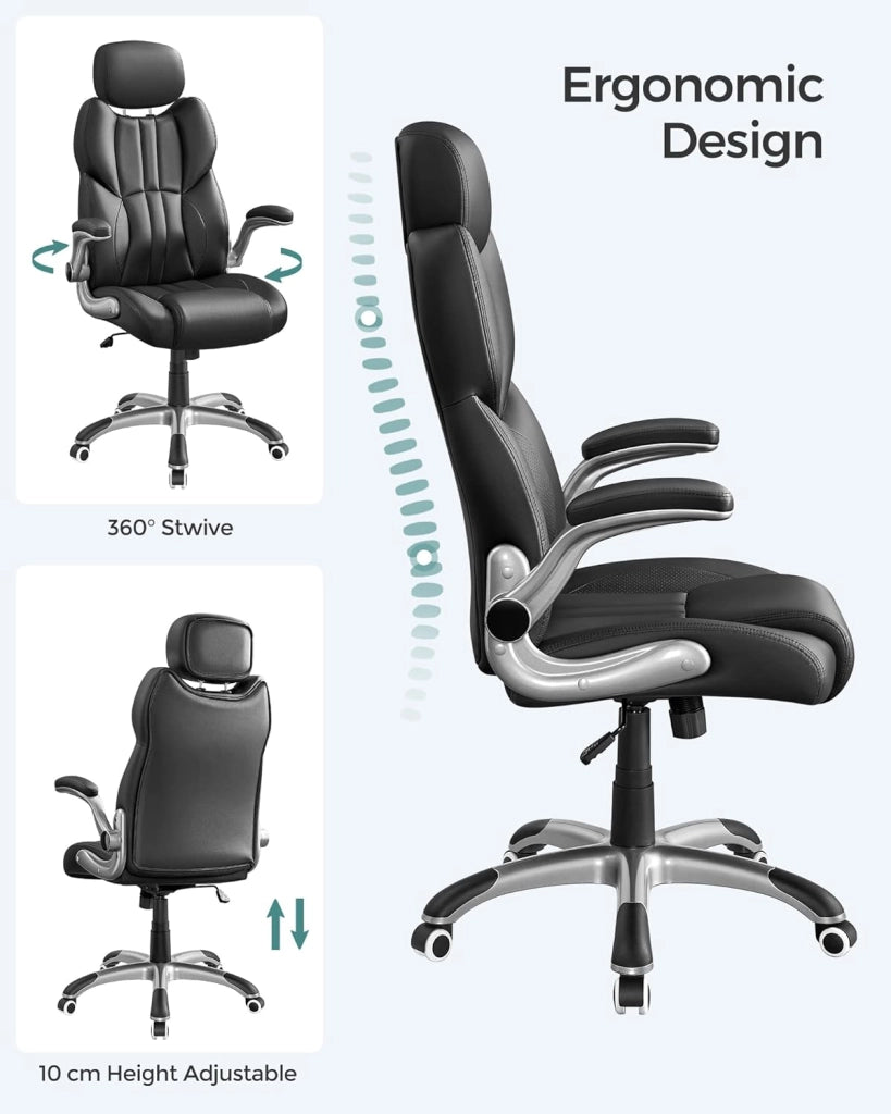 SONGMICS Sedia da Ufficio, Poltrona Girevole Ergonomica, con Braccioli Pieghevoli, Base a Stella in Nylon, Carico Massimo 150 kg, Nero OBG65BK