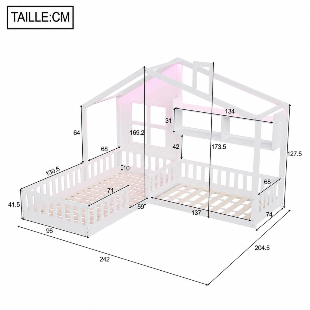 Letto per bambini a casetta 90 × 200 cm con LED, ripiani e barriera di sicurezza, senza materasso, bianco
