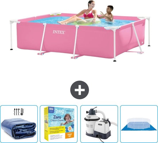 Piscina Reclinata a Forma di Rettangolo - 220 x 150 x 60 cm - Rosa - Inclusa Vela Solare - Kit di Manutenzione - Pompafiltro per Piscina - Velo da Terra