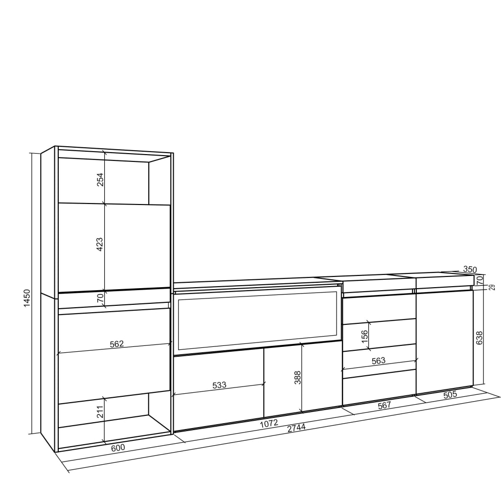 Scarpiera, 274x35x145cm, Camera da letto, Camino elettrico XXL, Cassettiera, colore Rovere RF3565
