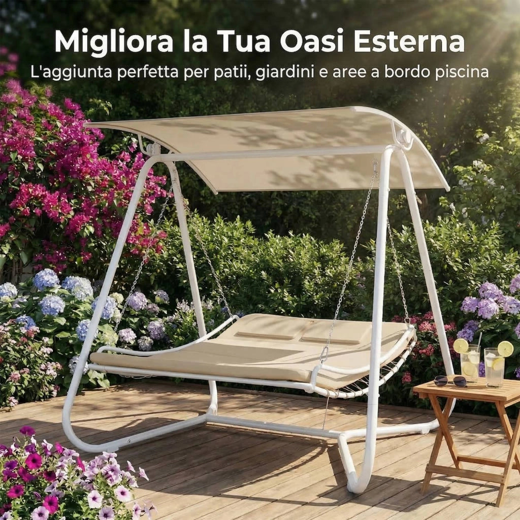 Dondolo Amaca Letto 2 Posti da Giardino con Tetto Parasole Struttura in Acciaio Seduta Imbottita in Textilene per Terraz
