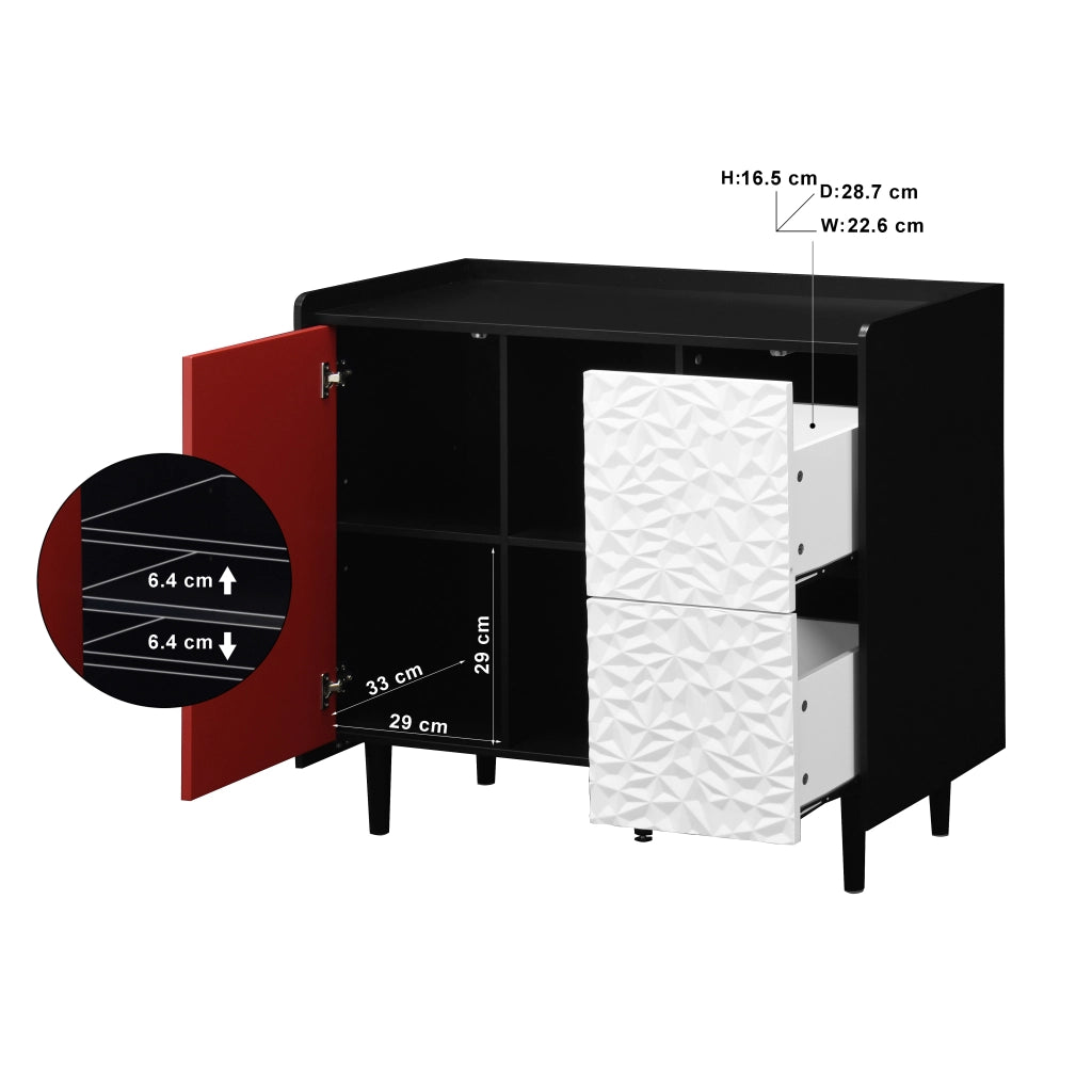 Credenza moderna con 2 cassetti e vano aperto; 90x40x80 cm; MDF nero e rosso