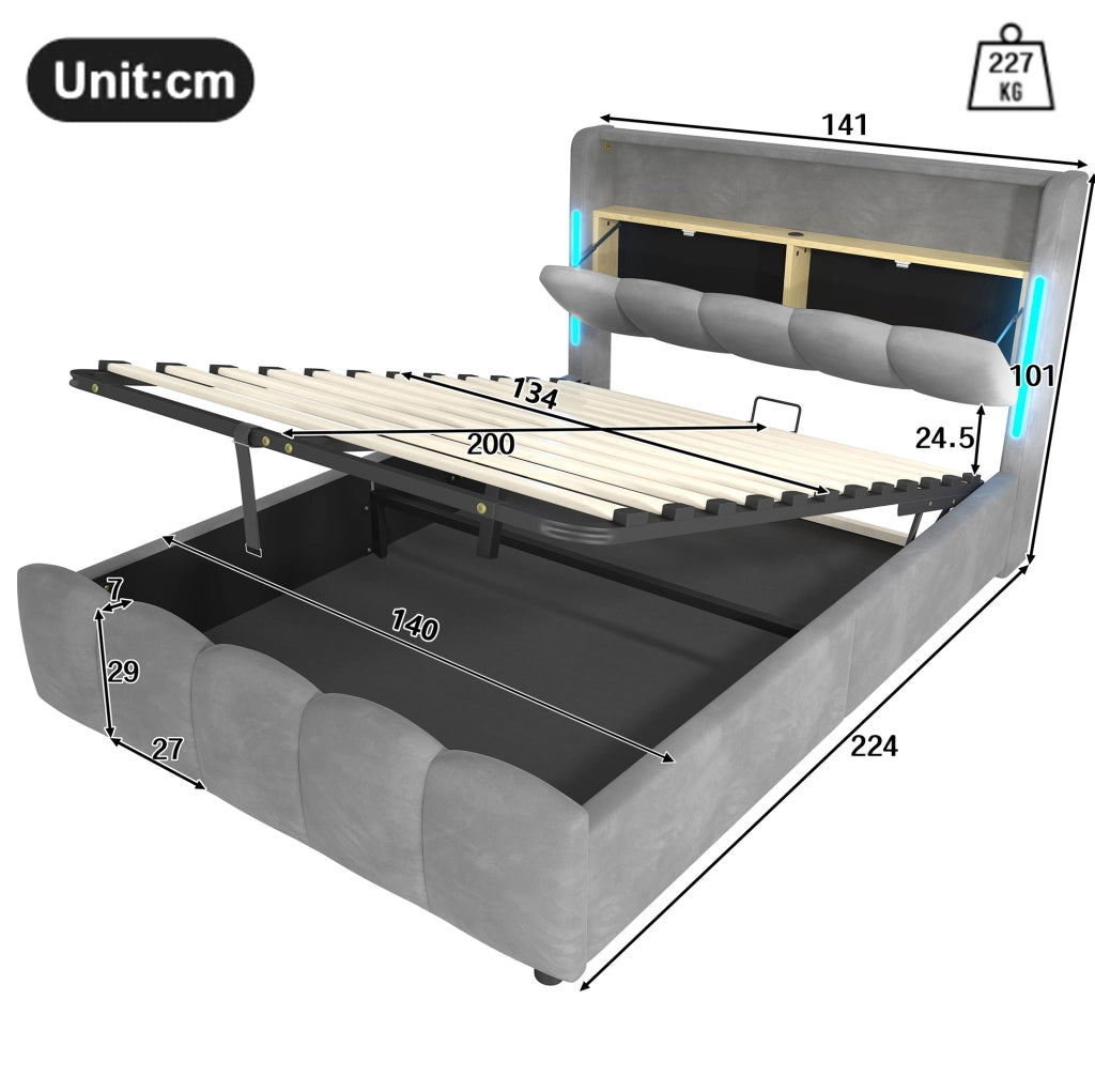 Letto matrimoniale imbottito 140x200 cm in velluto grigio con LED; contenitore e porte USB