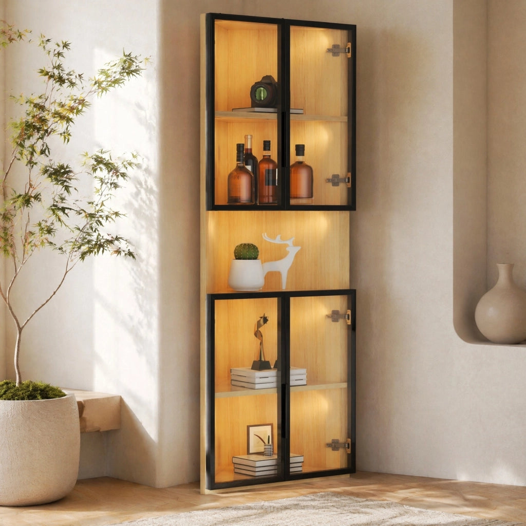 Vetrina angolare LED in MDF effetto rovere 62x32x160 cm con ante in vetro e chiusura soft-close