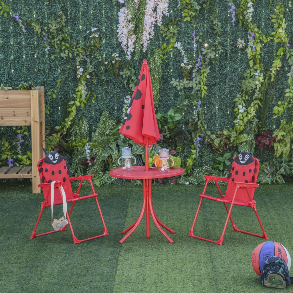 Set Tavolino e 2 Sedie Pieghevoli da Giardino per Bambini con Ombrello Rosso Coccinella