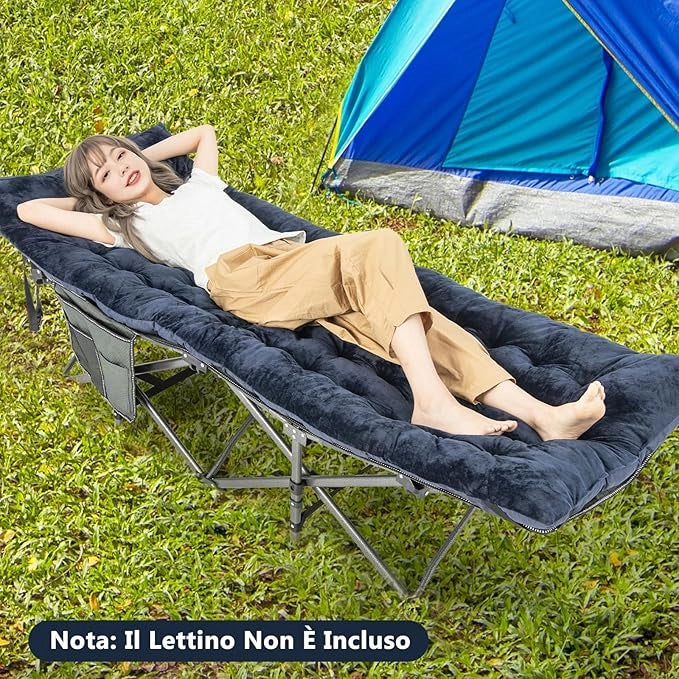 Cuscino per Sdraio, Cuscino Spesso da 190 x 70 x 7 cm con 4 Cinghie di Fissaggio, Tasca per Fissare al Letto, per Lettino da Campeggio, Vacanze in Campeggio (blu)