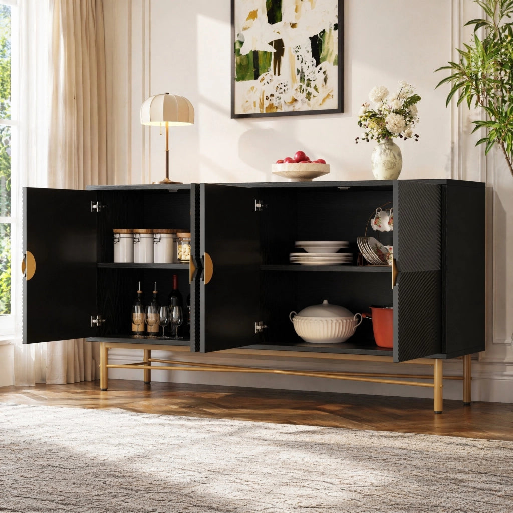 Credenza nera 160 cm con 4 ante a rilievo, maniglie dorate e chiusura ammortizzata
