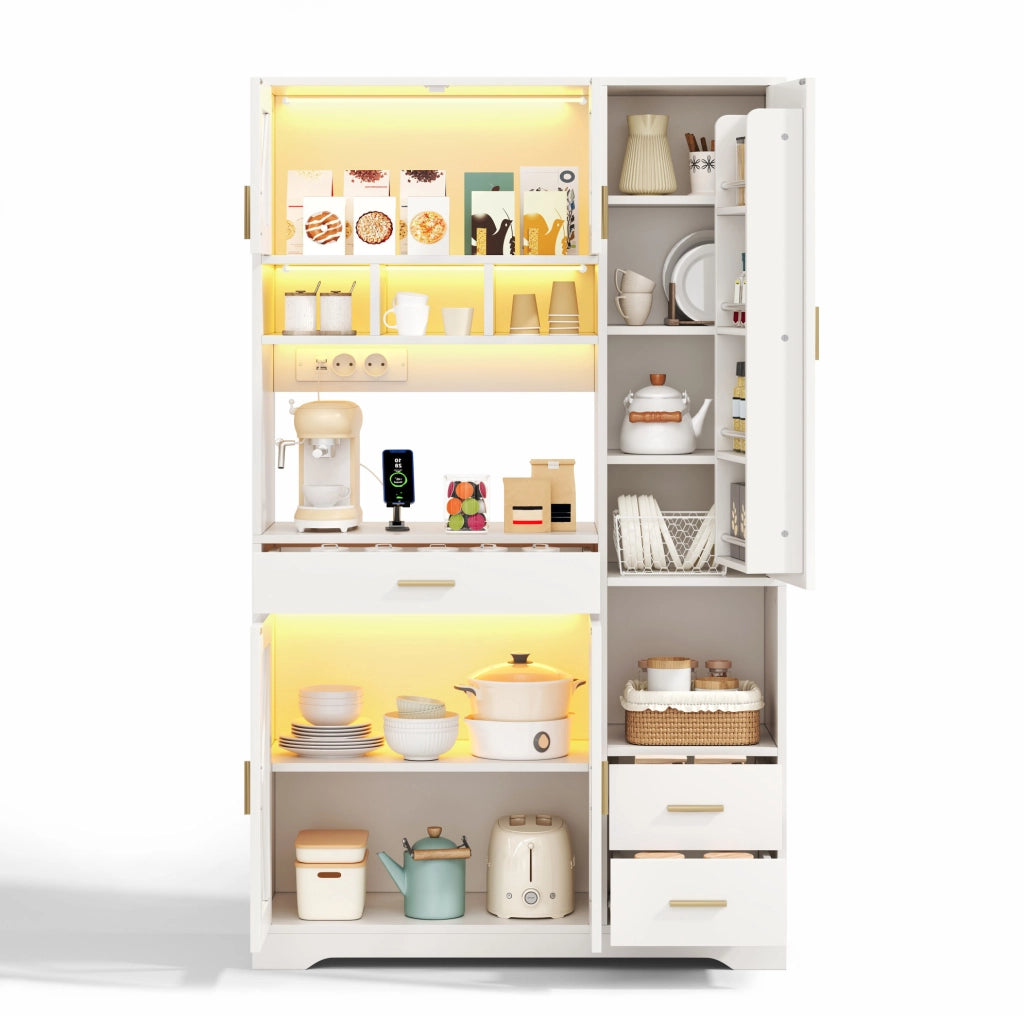 Credenza 105x40x185 cm con LED multicolore e prese; in MDF bianco