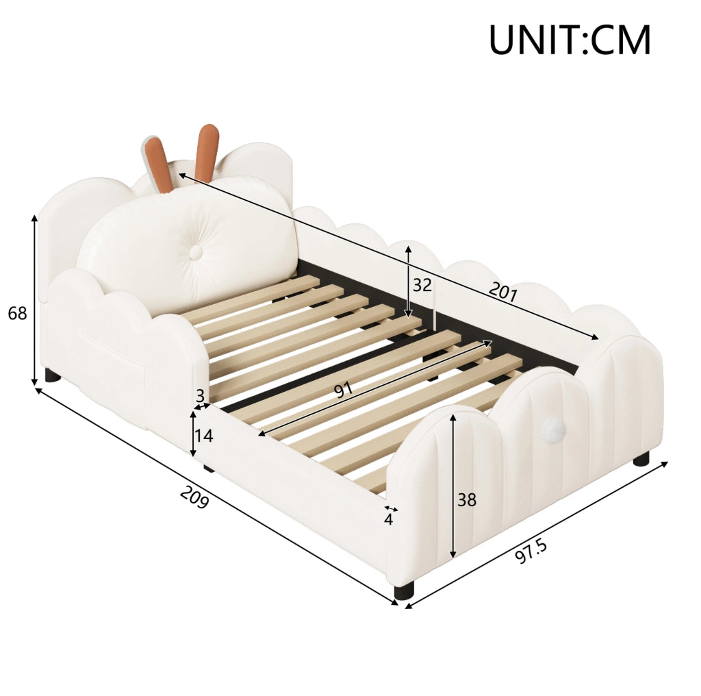 Letto imbottito 90x200 cm beige con cuscino testiera a forma di coniglio
