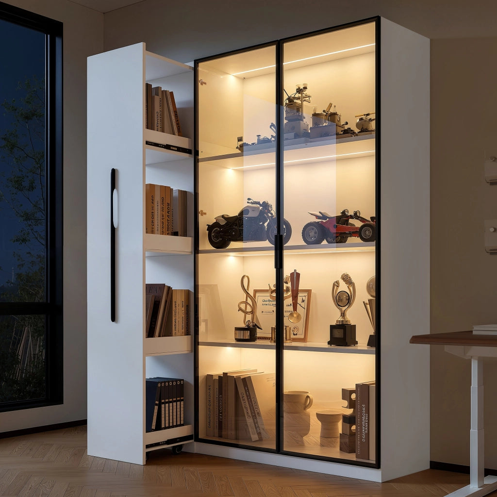 Vetrina con Anta in Vetro e LED; con Ampio Cassetto Laterale Estraibile; Stile Moderno; in MDF; Bianco; 110;5??35??160 cm