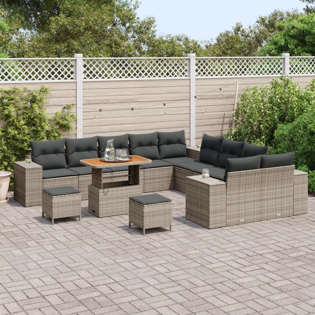 Set di Divani da Giardino  13 Pezzi con Cuscini Grigio Polirattan Acacia
