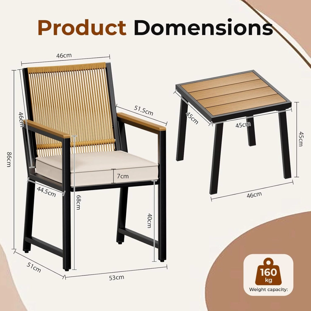 Set di mobili da giardino in rattan, 3 pezzi, 2 sedie da giardino in rattan con tavolo, fino a 160 kg, resistente alle intemperie, braccioli in WPC, set di mobili da terrazza, giardino