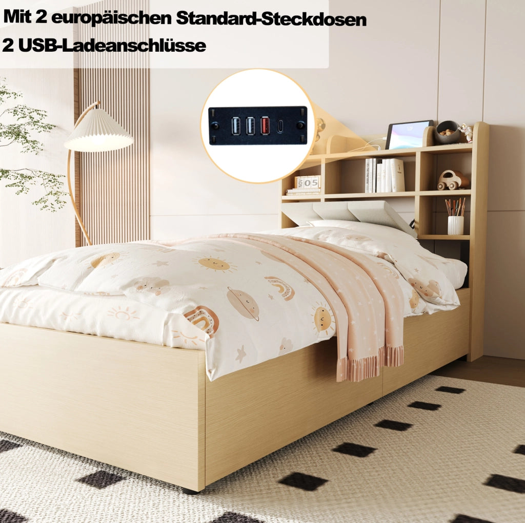 Letto singolo 90x200 cm con contenitore idraulico e USB-C