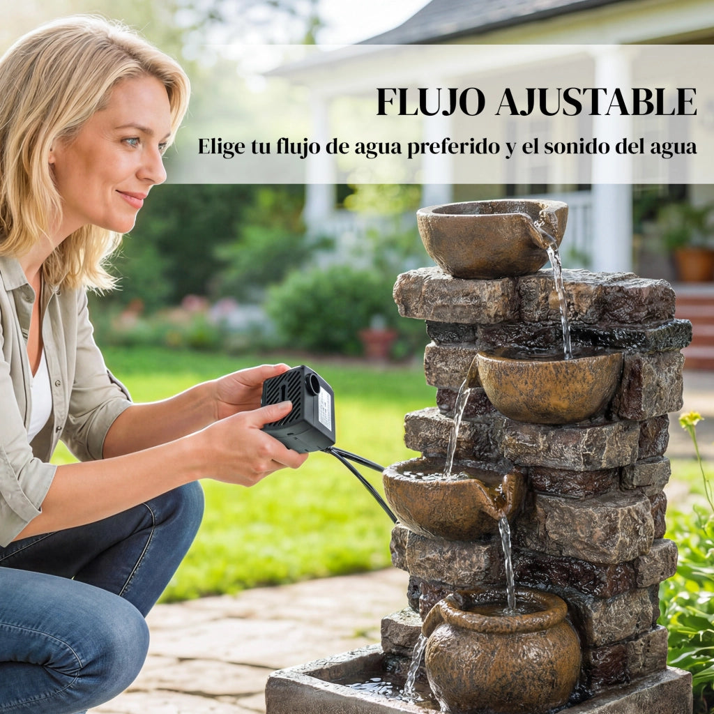 Fontana da Giardino a Cascata 5 Livelli ¨C Xylo ¨C LED Marrone Rustico Pompa Regolabile
