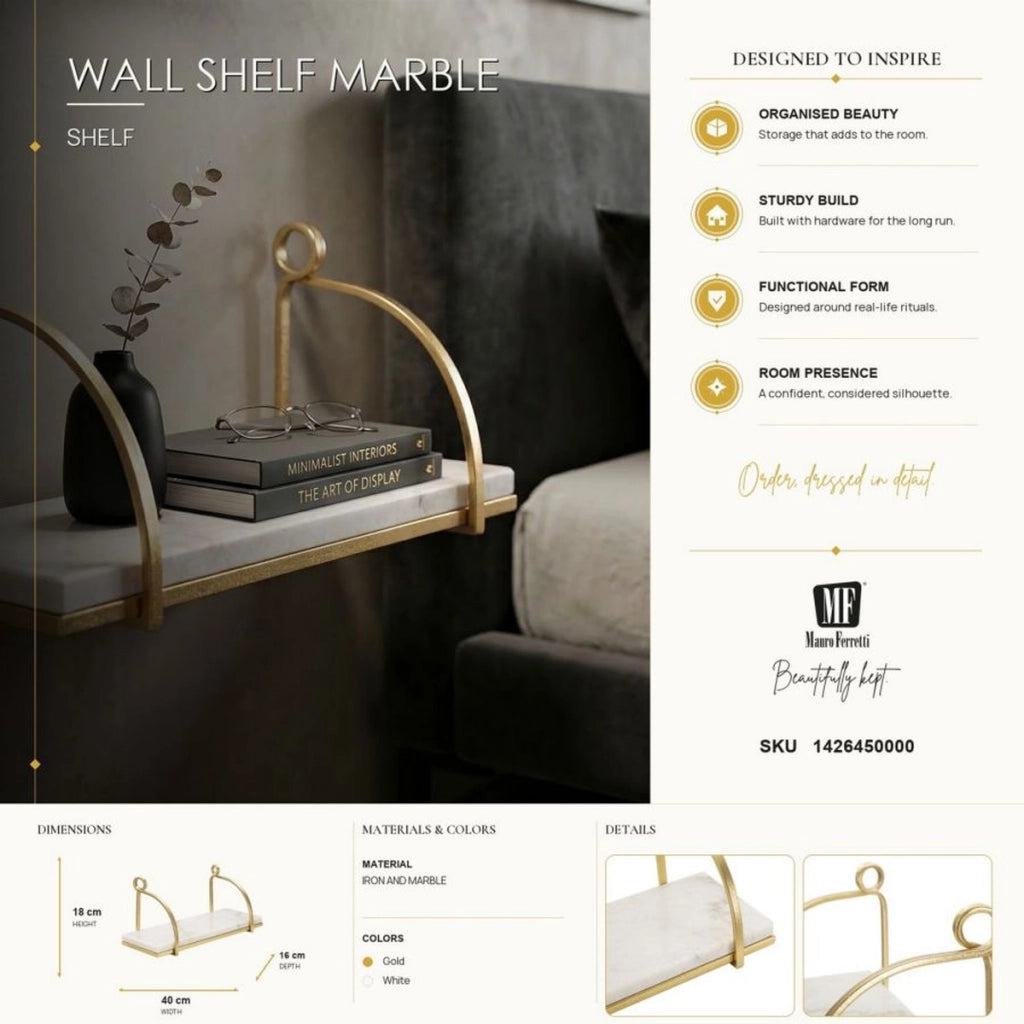 Mensola da muro Marble in ferro dorato e marmo bianco — 40x16x18 cm