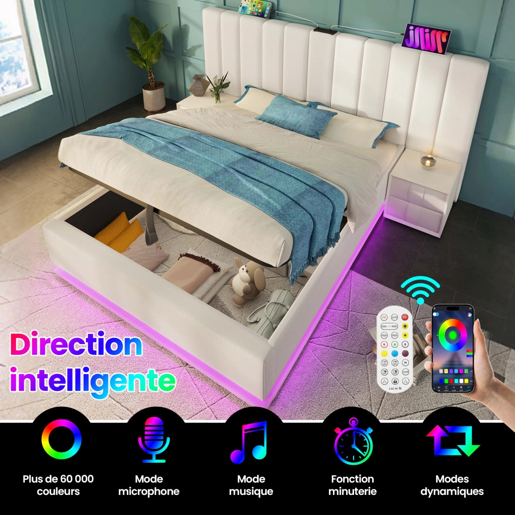 OKWISH Letto Contenitore 160×200 cm, Letto Matrimoniale con 3 USB, Type C, LED 360°, senza Materasso, in PU, Bianco