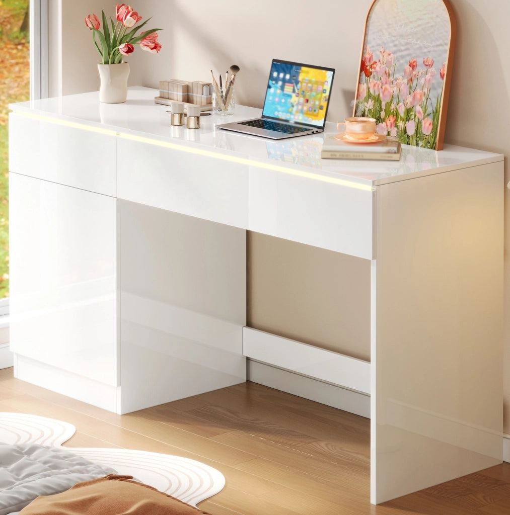 Scrivania moderna lucida con LED 120 x 50 cm; 2 cassetti e anta; bianco