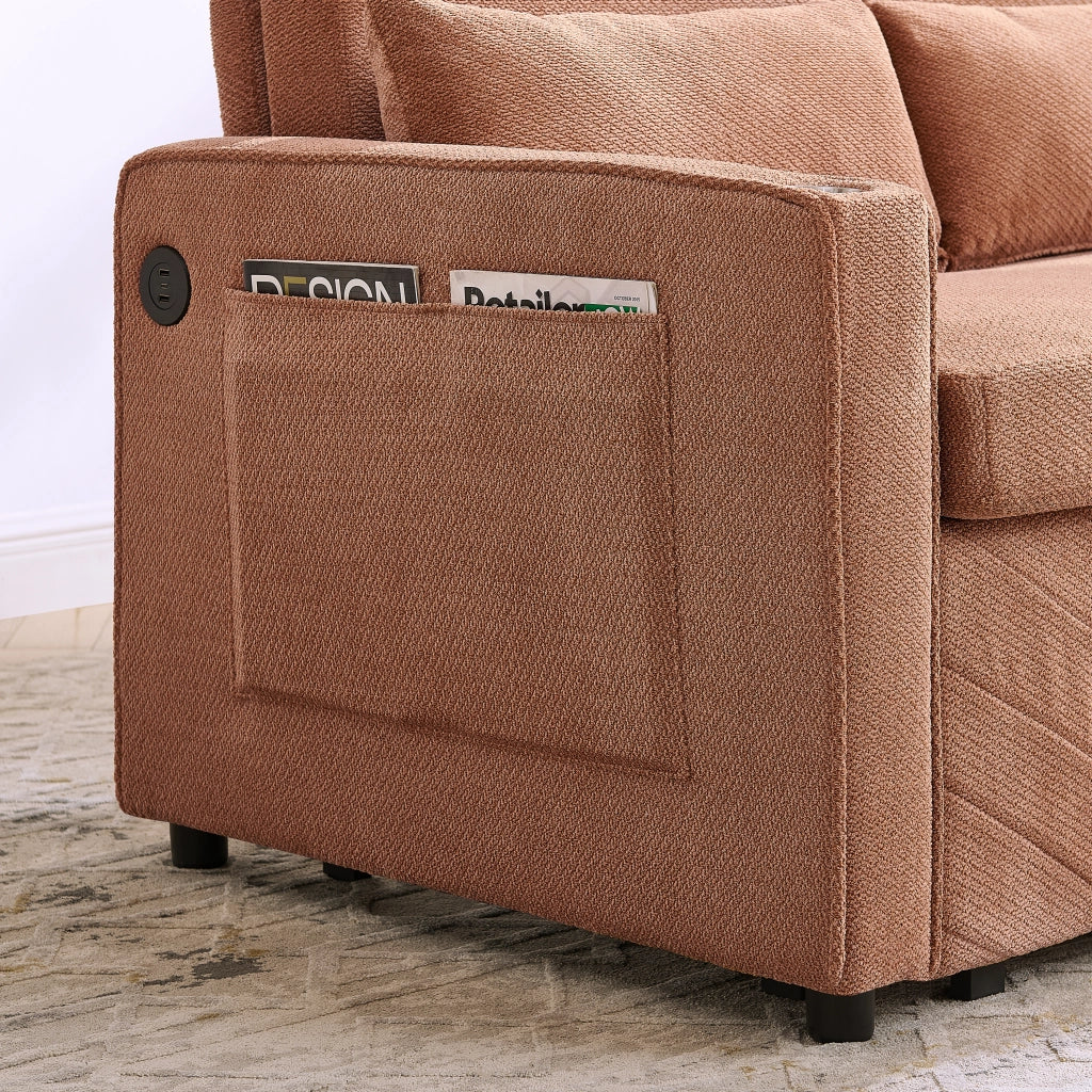 Divano letto 3 in 1 con sistema scorrevole e porte USB per soggiorno ufficio e ospiti in legno e tessuto arancione
