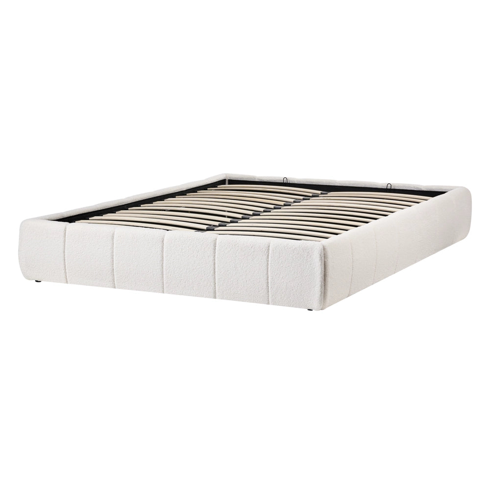 Letto matrimoniale in tessuto bouclè bianco sporco imbottita, con contenitore e panca 140x200 cm design moderno