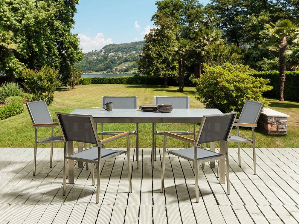 Set da giardino con 6 posti in acciaio inox con tavolo piano in vetro grigio e Sedie in tessuto grigio esterno moderno set elegante
