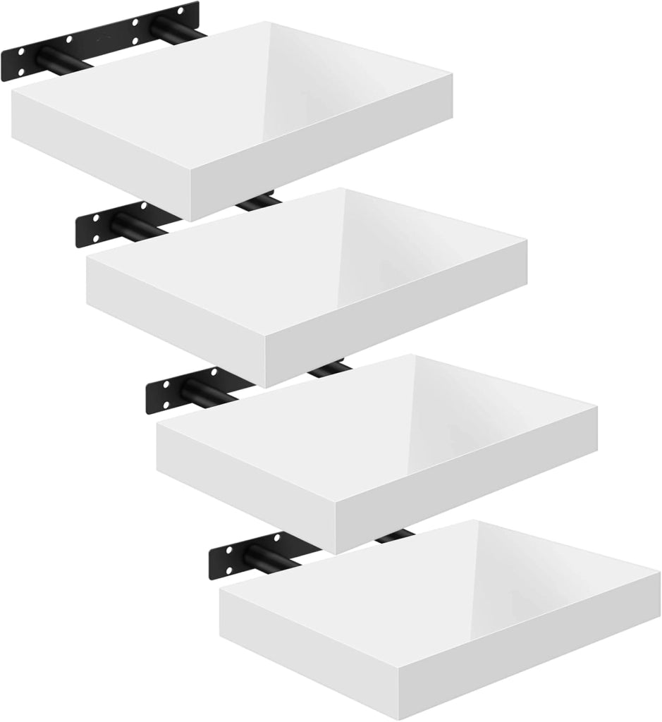 Mensola da Muro, Set di 4, Scaffale Sospeso da Parete Libreria Piccola per Soggiorno Cameretta Porta CD DVD, Pannello MDF 30x22,9x3,8cm, Bianco, RG9489ws-4