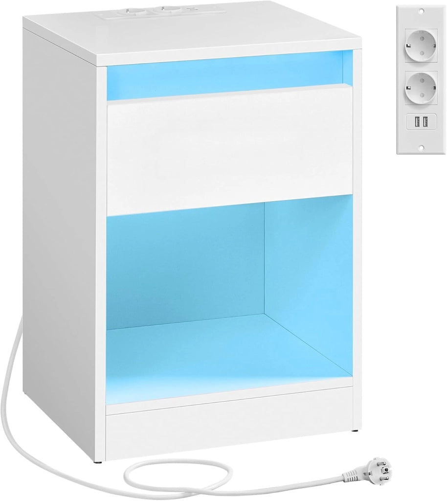 VASAGLE KAILYN Collezione - Comodino a LED con Stazione di Ricarica, Tavolino con Luci LED Regolabili, 2 Prese AC, 2 Porte USB, Moderno, per Camera da Letto Soggiorno, Bianco Nuvola LET618T15