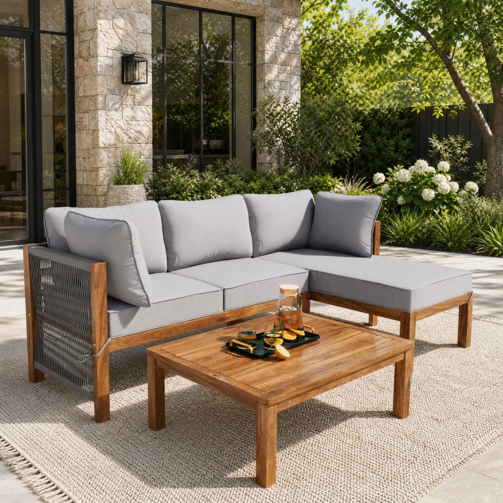 Set lounge da giardino 3 pezzi in legno grigio con cuscini sfoderabili e sedute in corda