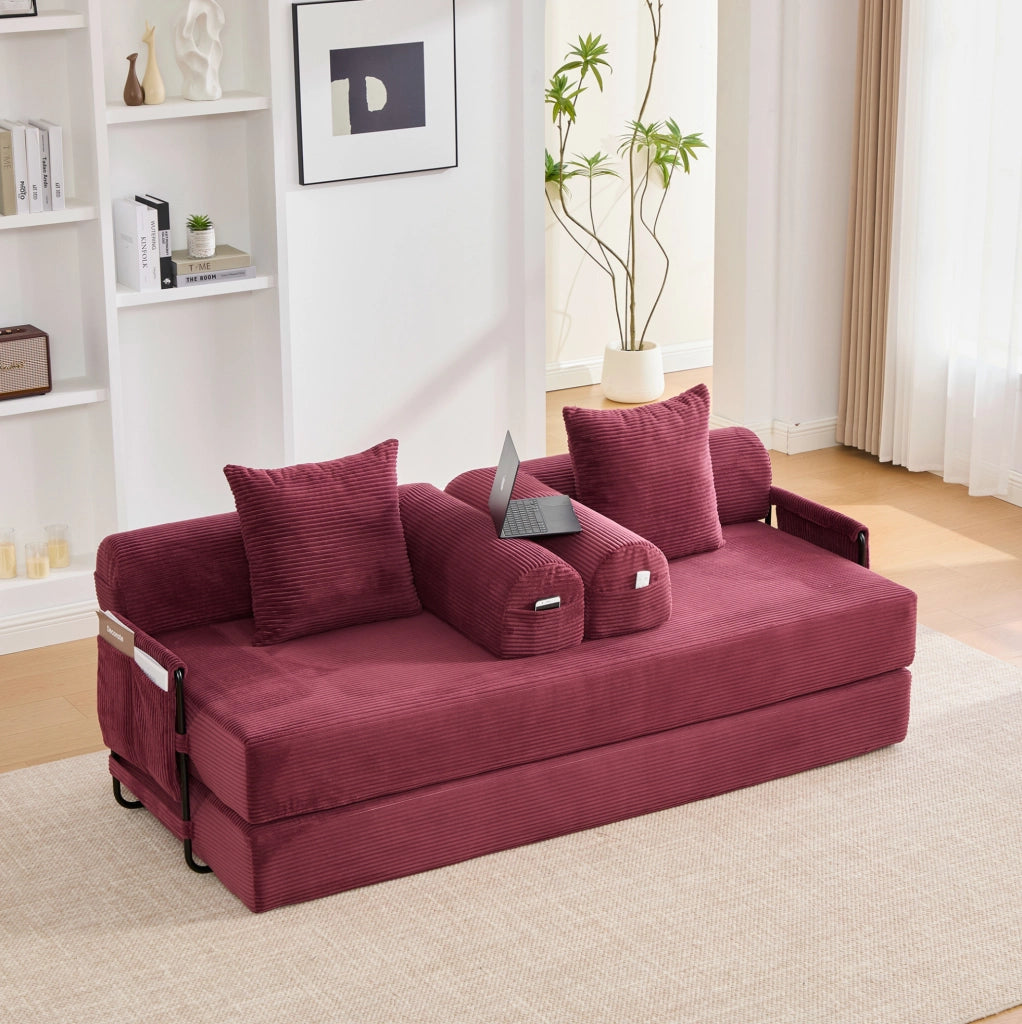 Divano 200x94x67 cm modulare in velluto a coste rosso vino