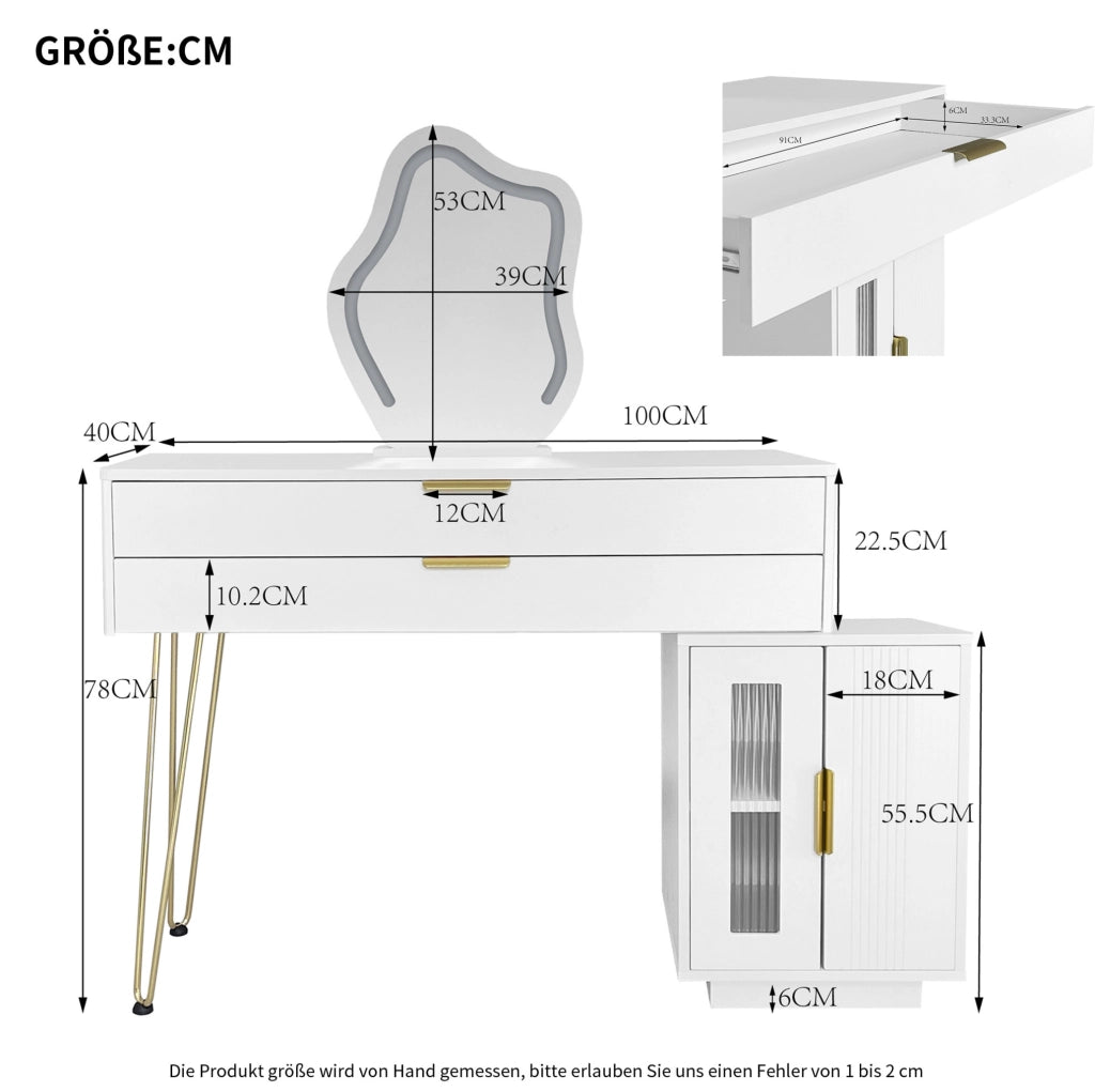 Tavolo da trucco bianco estensibile con specchio LED e 2 cassetti, 100x40x78 cm