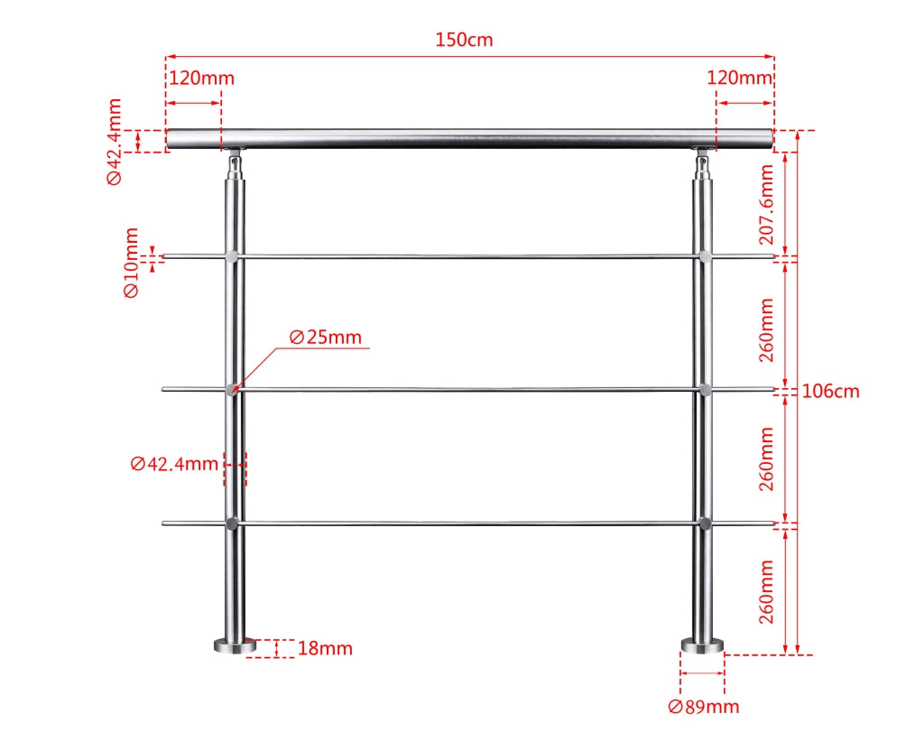 Ringhiera Balaustra Corrimano in acciaio inox spazzolato 150x106cm per interni ed esterni 3 barre trasversali