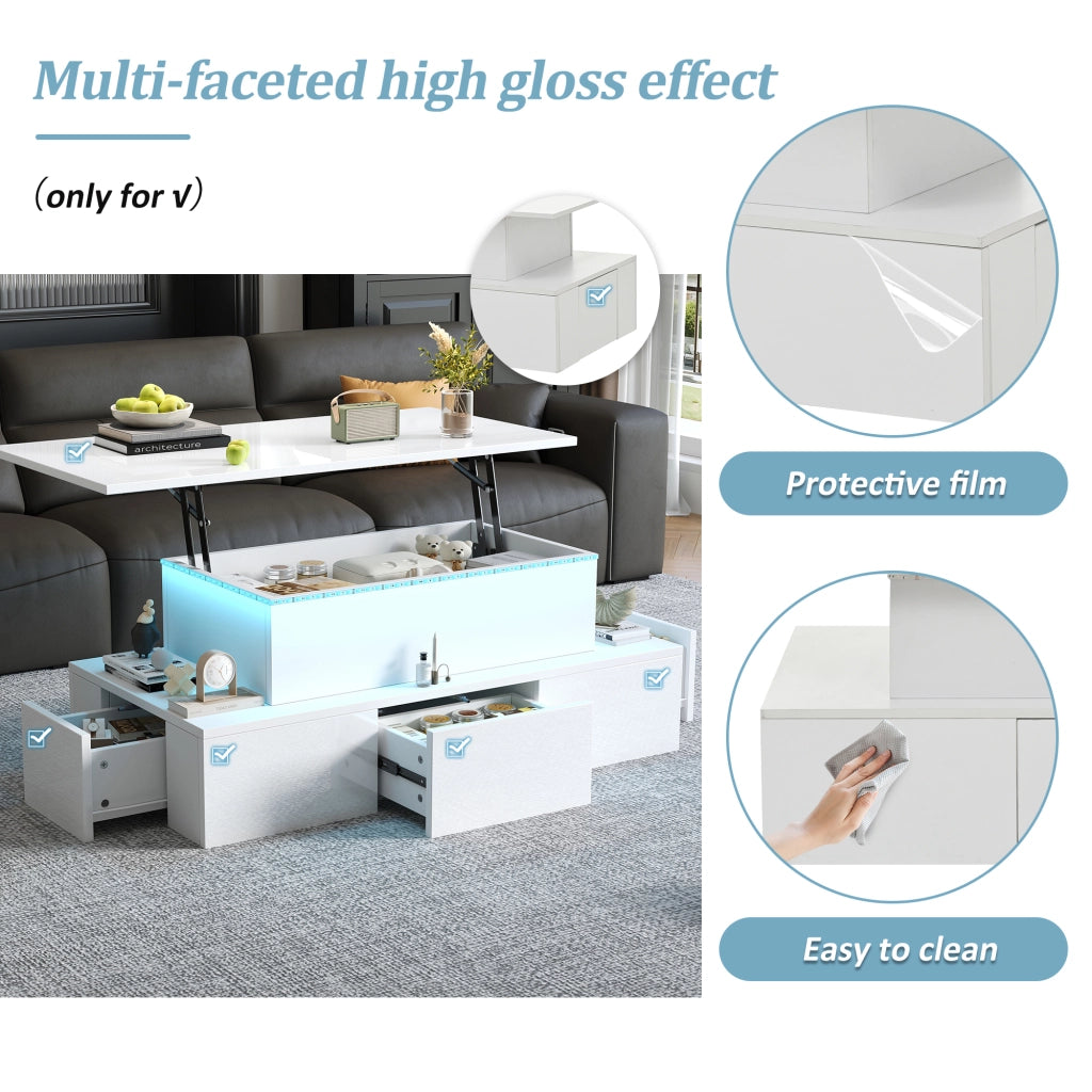 Tavolino da caffè alzabile con 4 cassetti; LED e vano nascosto - per soggiorno - 100 x 50 x 40 cm - in MDF - bianco