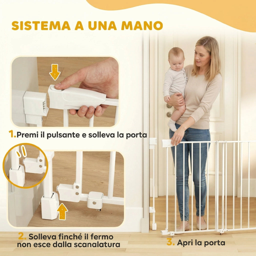 Cancelletto di Sicurezza per Cani. 74.5-111.5x74.5 cm. Scale. Chiusura Automatica. Apertura con Una Mano. Bianco