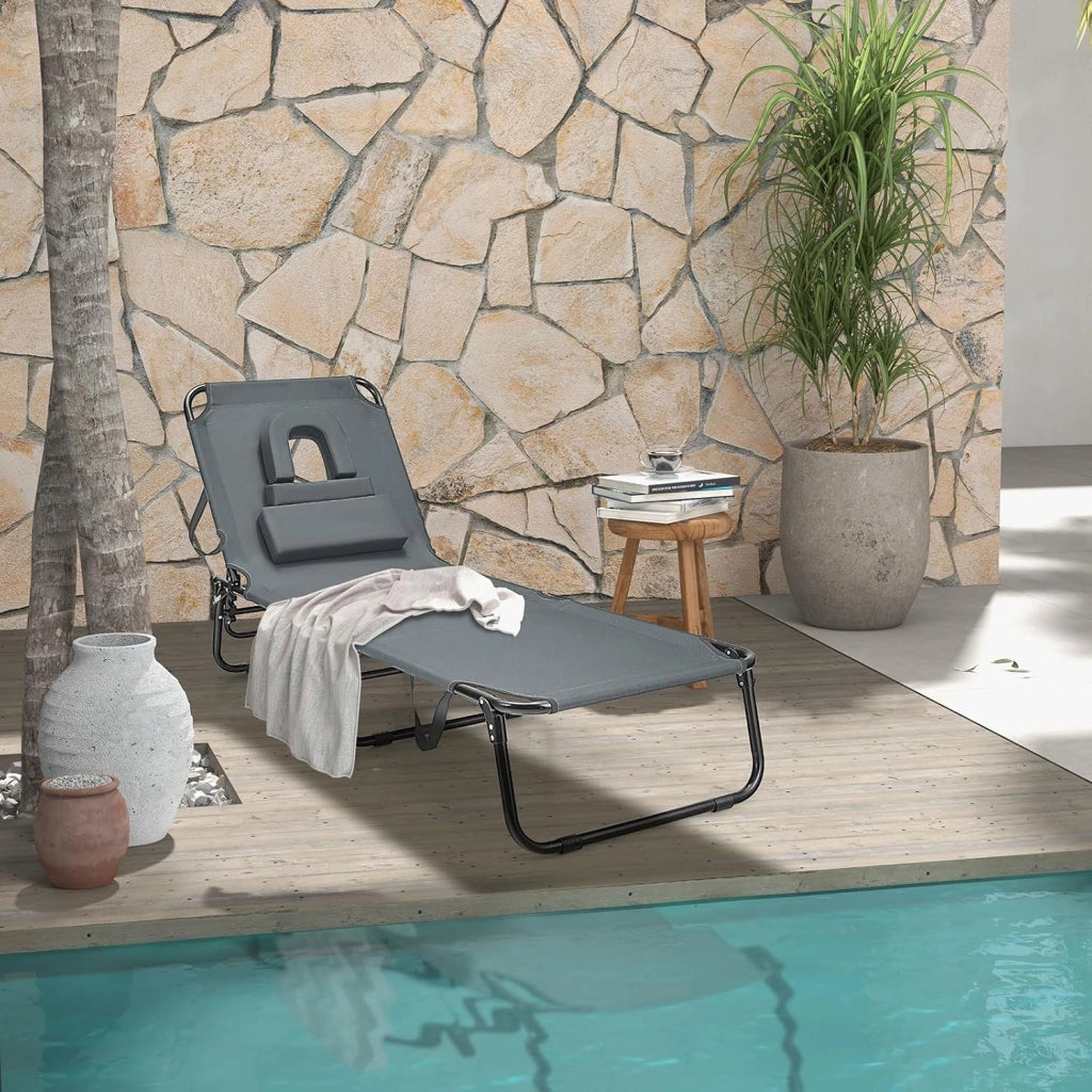 Lettino pieghevole per abbronzatura, con foro per il viso e cuscino estraibile, schienale e poggiapiedi regolabili, poltrona portatile per piscina e spiaggia (grigio)