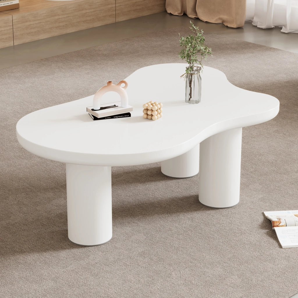 Tavolino da caffè con piano sagomato e 3 gambe; con feltrini - per soggiorno - in MDF e PVC - 107×66×40.5 cm - bianco
