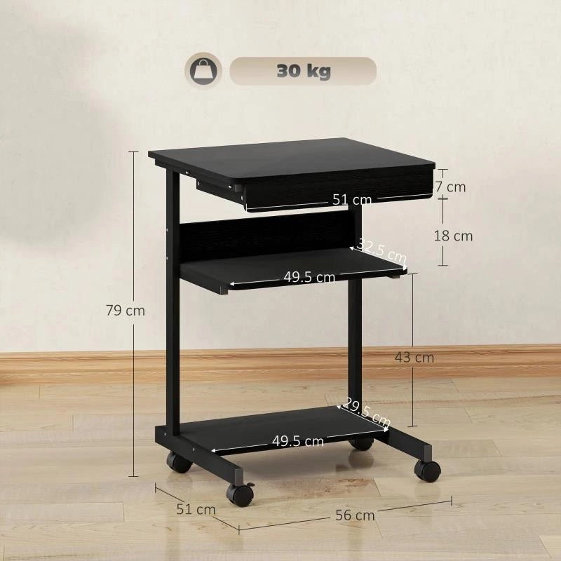 SCRIVANIA PC CON CASSETTO SCORREVOLE, 2 RIPIANI E 4 ROTELLE, IN LEGNO E METALLO, 56X51X79 CM, NERO