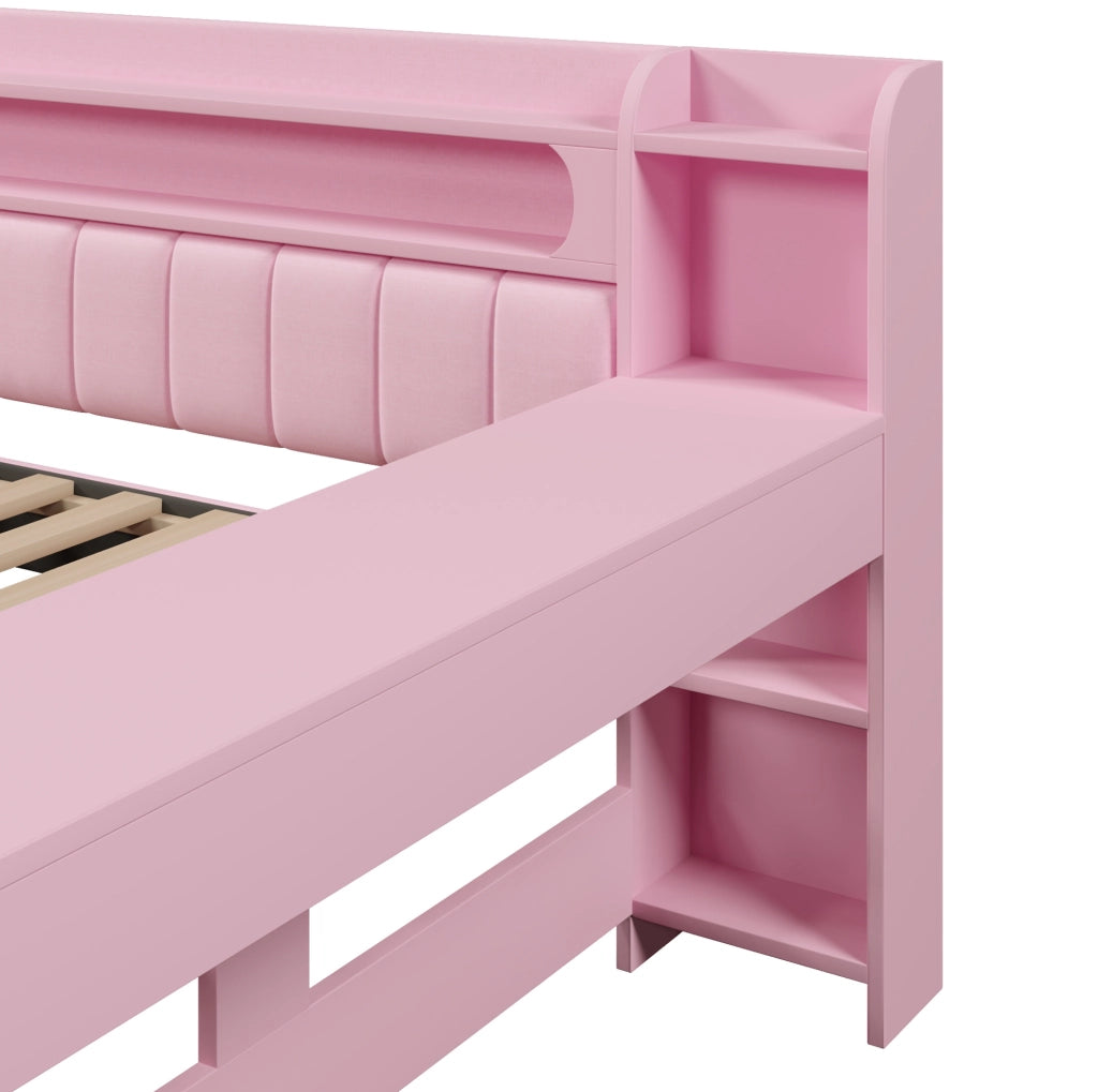 LETTO 140x200 cm Rosa con scrivania, 2 cassetti, USB e LED