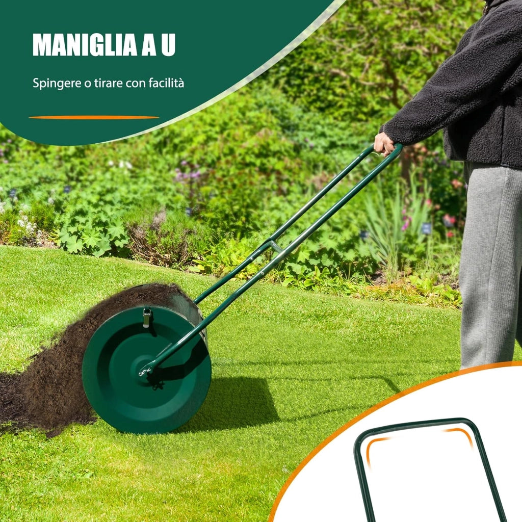 Spandiconcime da 60,5 cm, Rullo da Giardino con Impugnatura Pratica Chiusure Laterali e Rete in Metallo per Concimazione e Semina, Rullo Spandiconcime per Prato Giardino, Verde