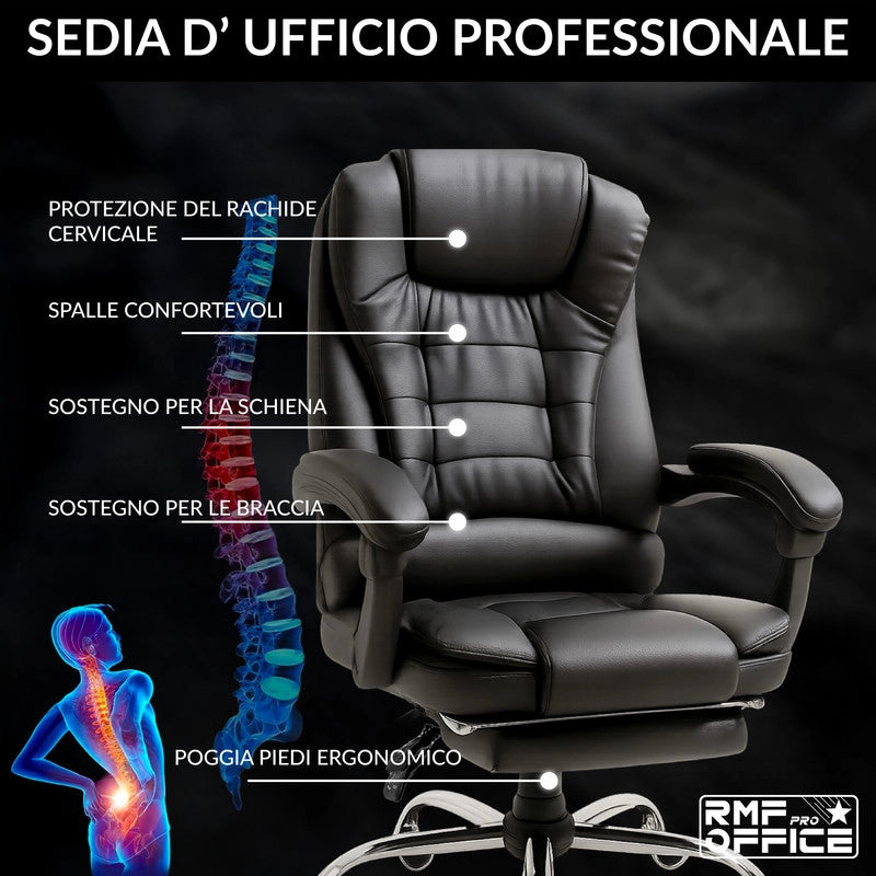 SEDIA DA UFFICIO ERGONOMICA RECLINABILE REGOLABILE IN ALTEZZA CON POGGIA PIEDI NERA