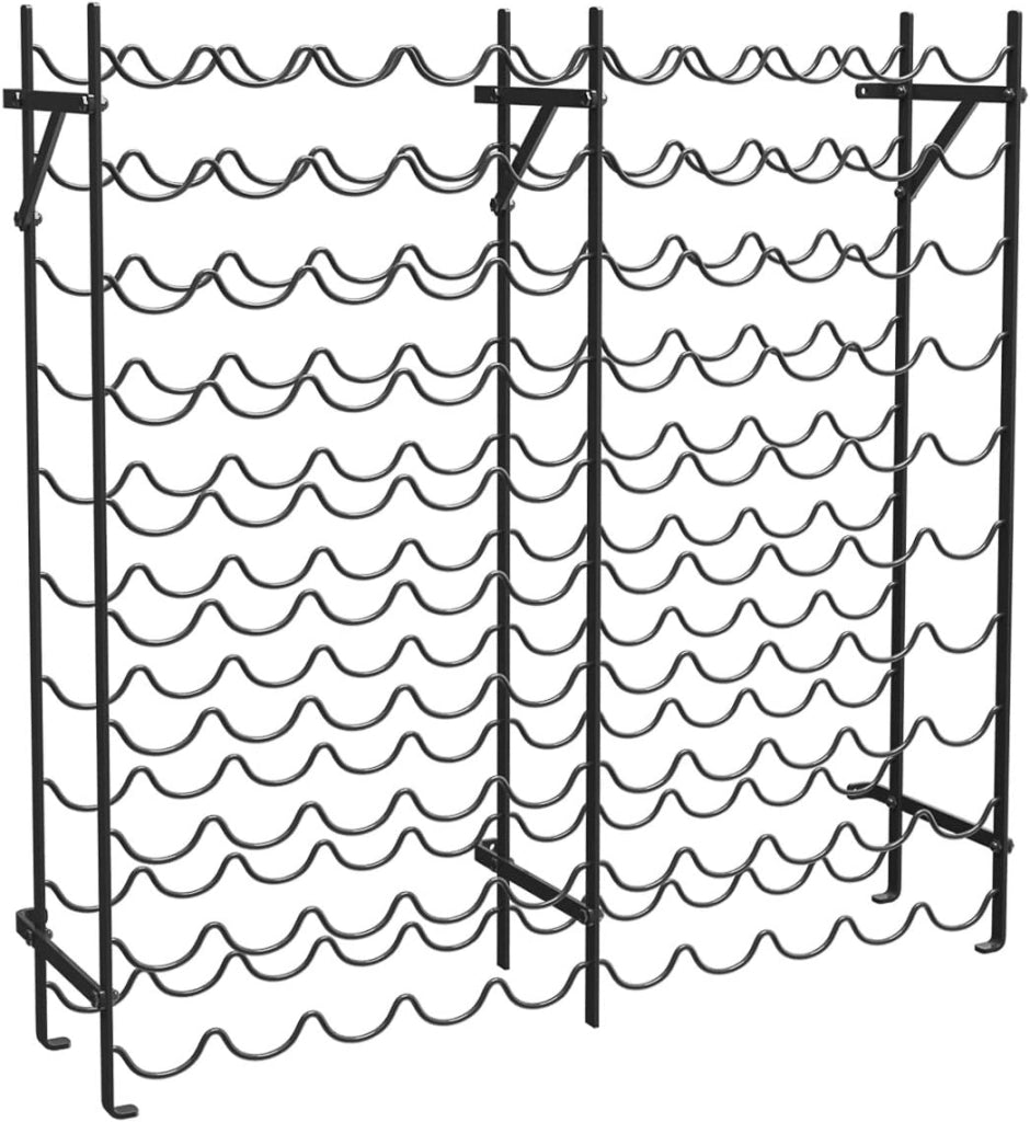 Portabottiglie in Metallo da Pavimento per 100 Bottiglie con 10 Ripiani e Kit Antiribaltamento, Espositore per Vino con Grande Capacità, 98 x 25,5 x 100 cm, Nero, per Bar, Cantina