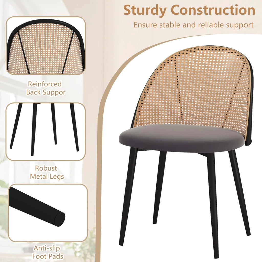 Set di 2 sedie da pranzo in rattan, da cucina senza braccioli con schienale intrecciato e gambe in metallo, da ristorante, portata fino a 150 kg, sedie imbottite in rattan