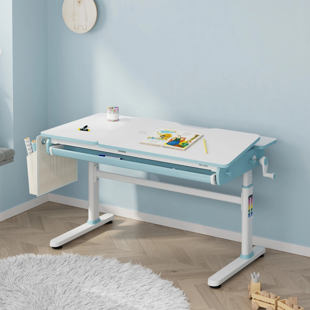 Scrivania Kuosa per Cameretta Regolabile in Altezza con Piano 120 x 60 cm e Cassetto - Azzurro/Bianco [en.casa]