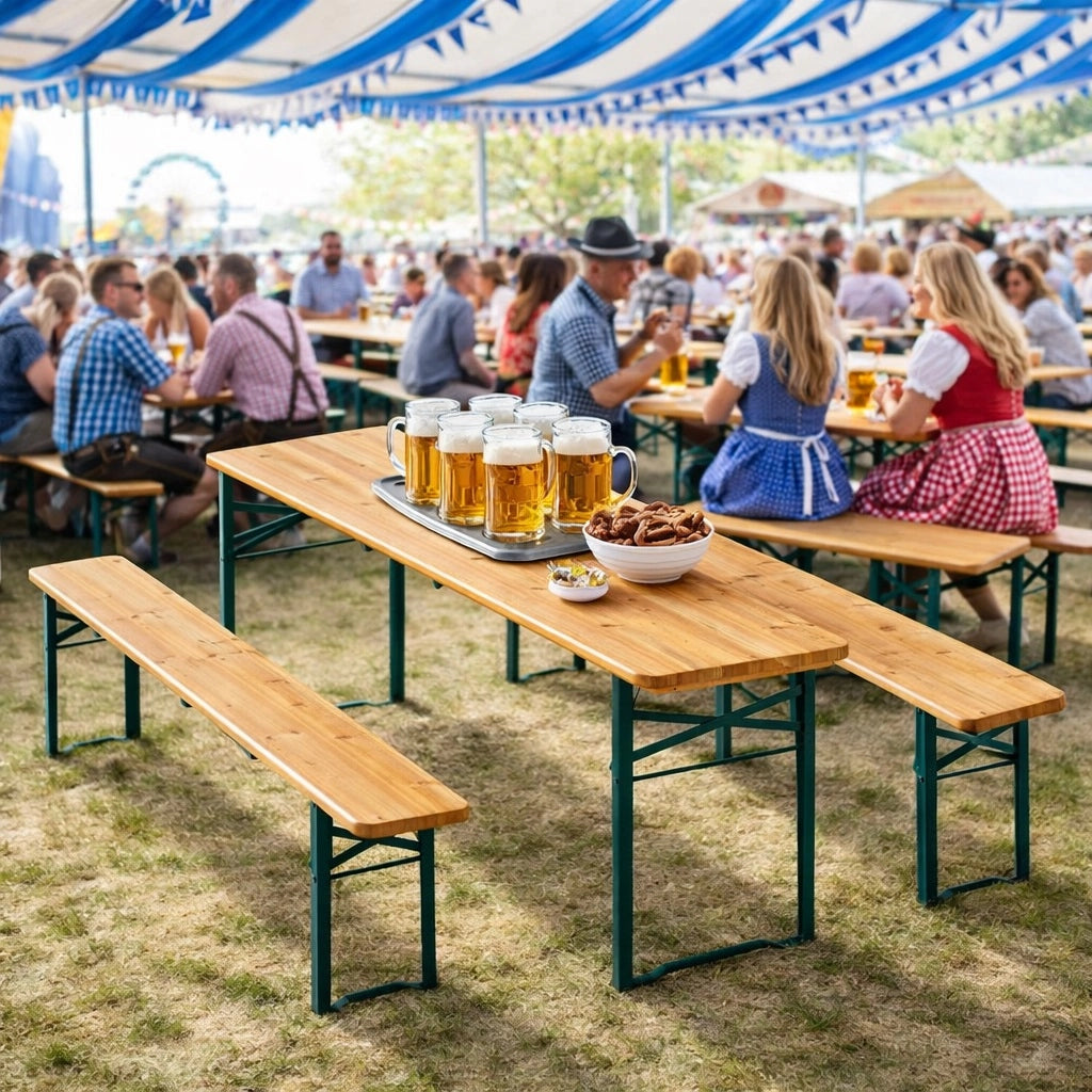 Set Birreria con Tavolo 220 cm e 2 Panche Legno Abete Interno Esterno Pieghevole