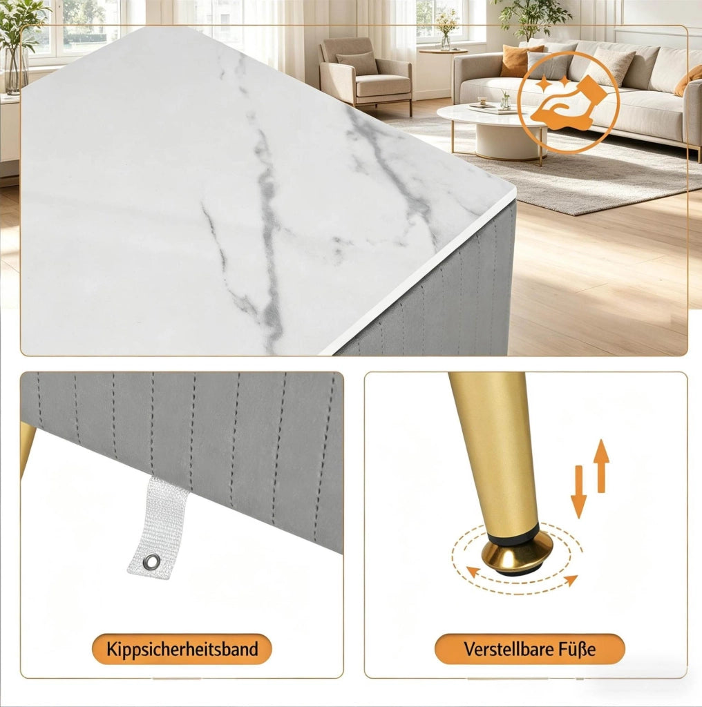 Comodino in velluto con 3 cassetti, MDF e gambe dorate, grigio 40,5 x 41 x 62 cm