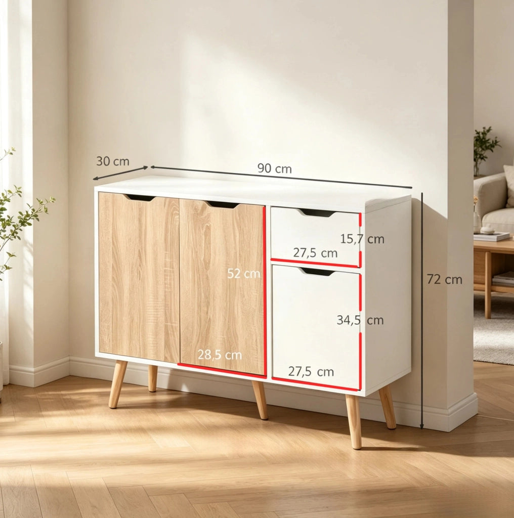 Credenza 90x30x72 cm in pannelli E1 e pino, bianco e rovere chiaro -